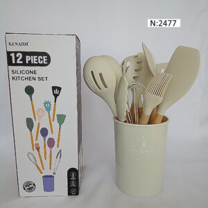 KIT 12 UTENSÍLIOS DE COZINHA SILICONE CABO DE MADEIRA