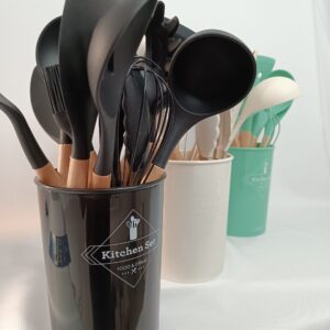 KIT 12 UTENSÍLIOS DE COZINHA SILICONE CABO DE MADEIRA